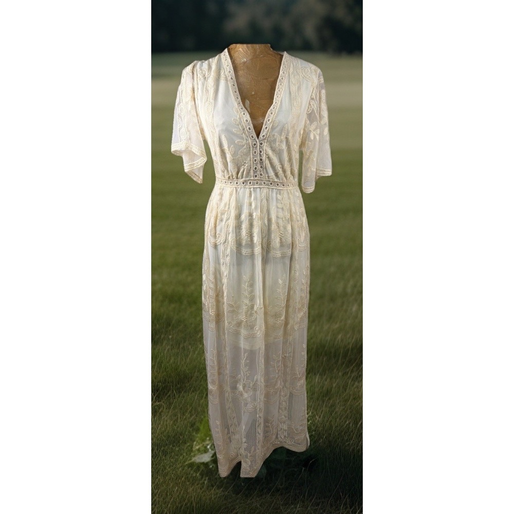 Beige Sheer Lace Maxi Dress V-Neck Half Sleeve Embroidered Floral Bohemian Small